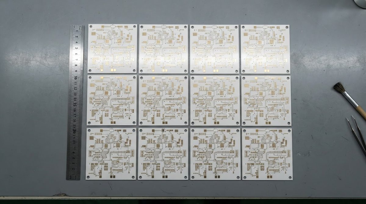 Standard alumina substrate panels in various sizes laid out for inspection
