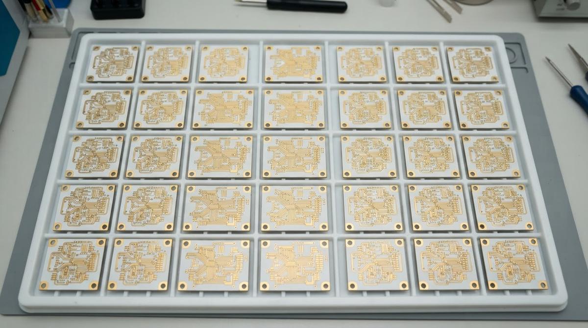 Metallized 99.6% alumina ceramic PCBs with gold traces on inspection tray