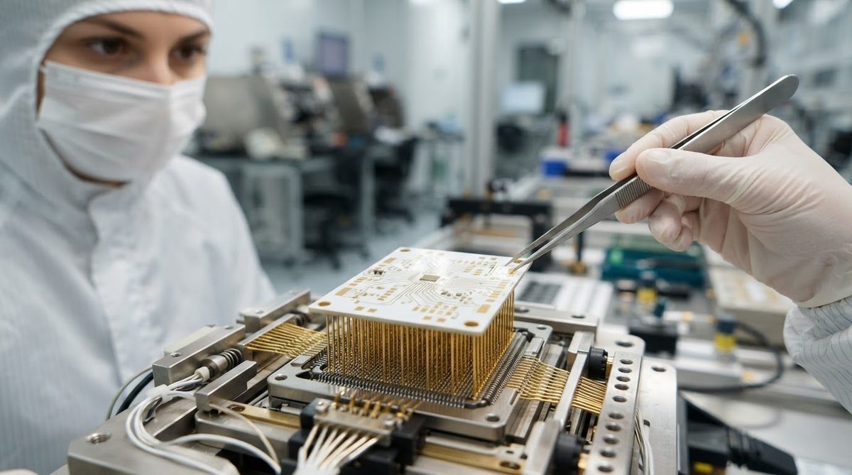 Technician placing a ceramic PCB into a test fixture for electrical verification