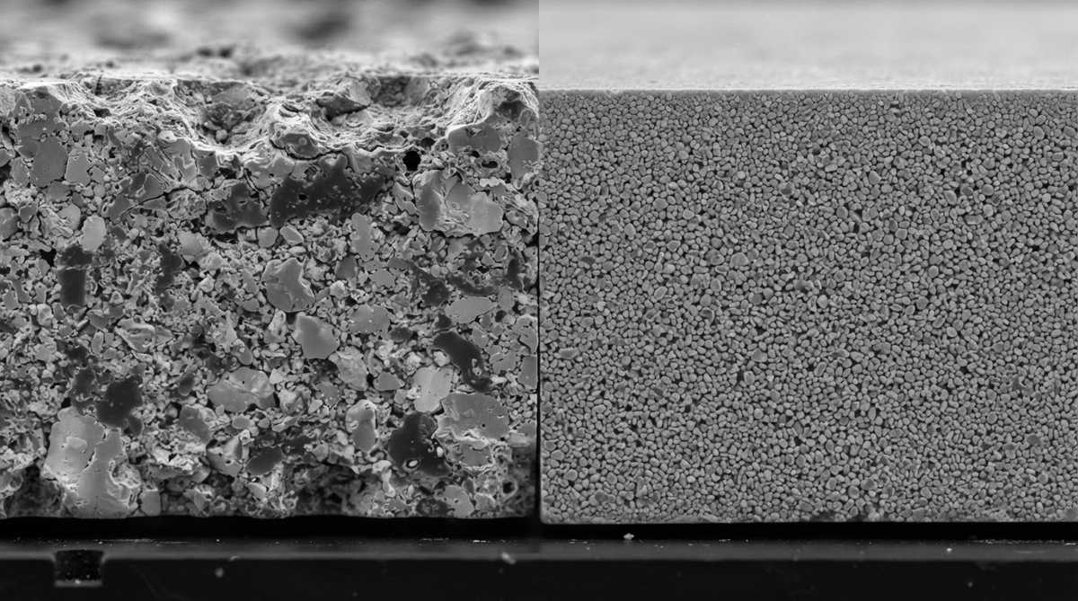 Cross-section comparison of 96% and 99.6% alumina ceramic grain structures