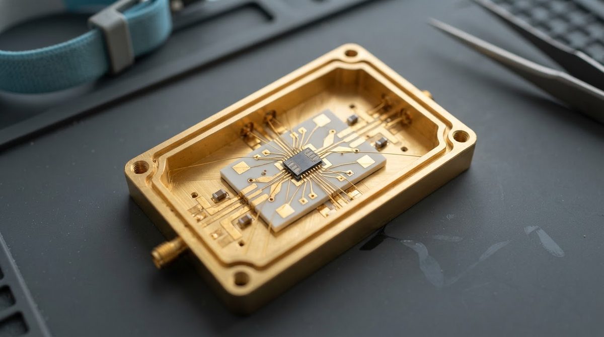 GaN die wire-bonded to an alumina submount inside an RF module package