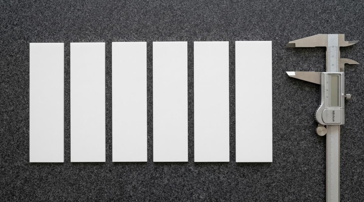 Multiple alumina substrates of varying thickness next to a caliper for comparison