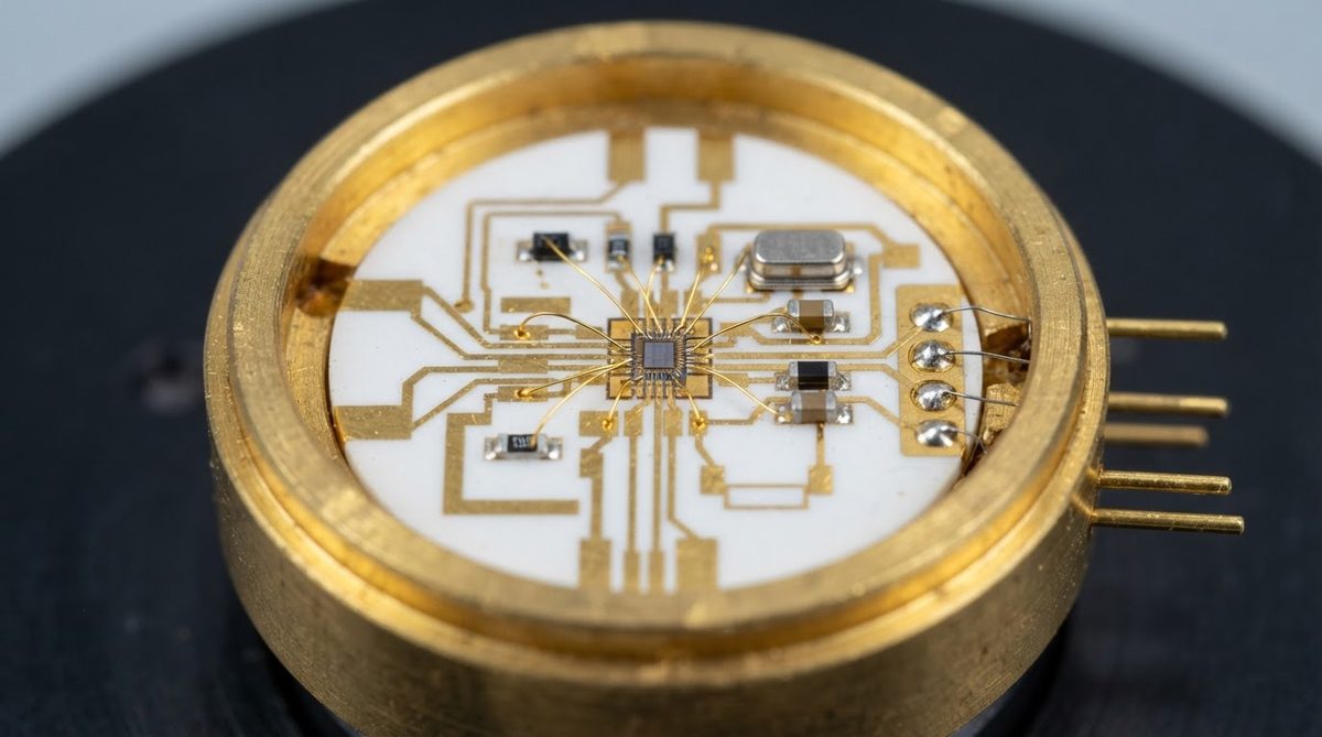 Thin-film hybrid circuit with gold traces on an alumina ceramic substrate