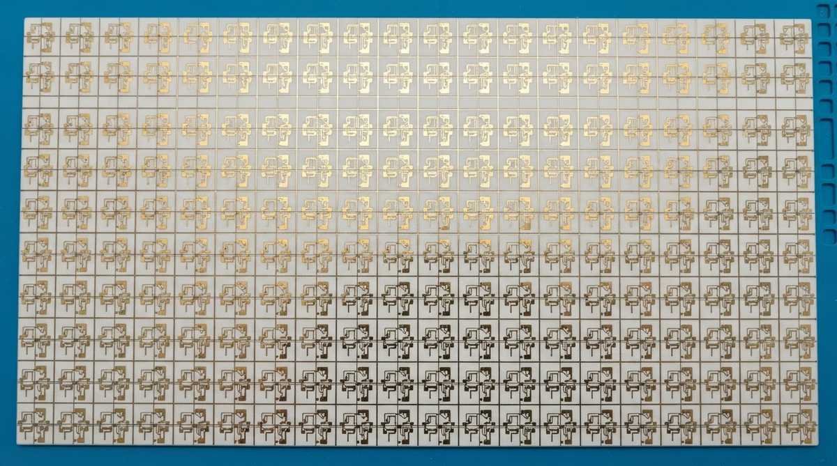 Panelised 99.6% alumina substrate with laser scribe lines and thin-film metallisation