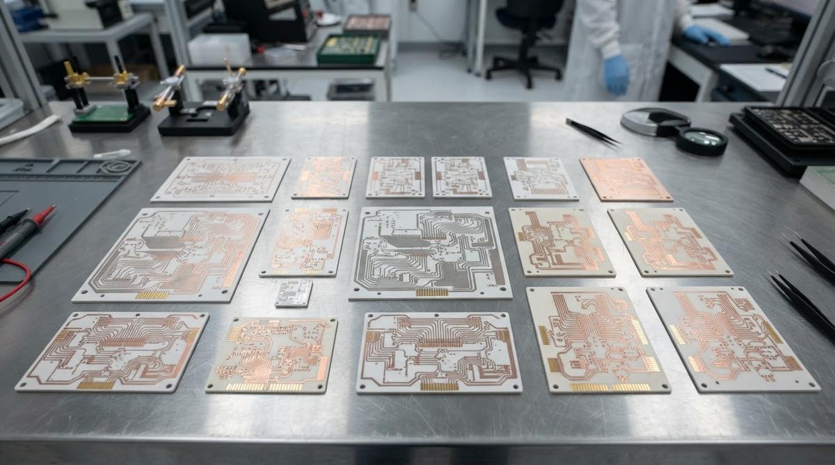 Metallized alumina ceramic PCB panels on an inspection table in a factory