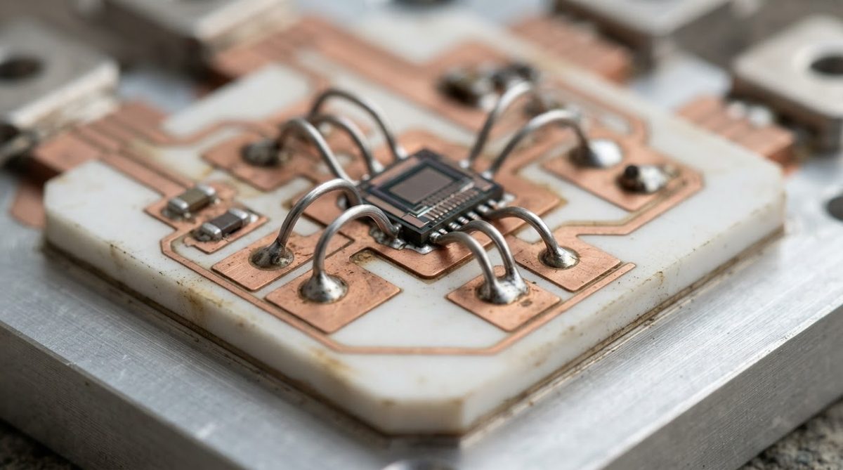 Power module assembly showing ceramic substrate under copper bond pads and wire bonds