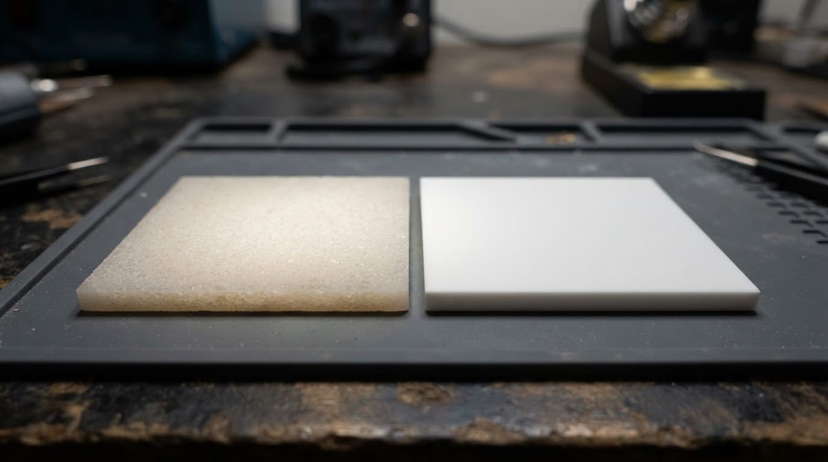 Side-by-side comparison of 96% and 99.6% alumina ceramic substrates