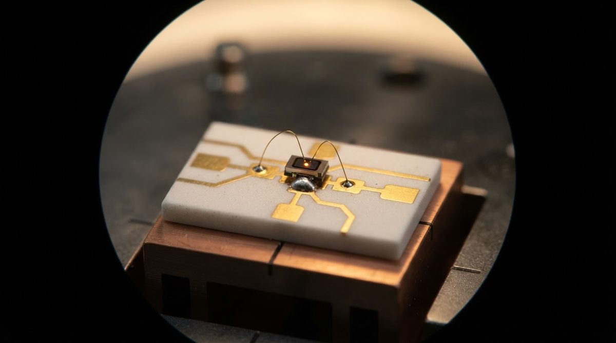 Laser diode chip soldered onto a 99.6% alumina ceramic submount under microscope