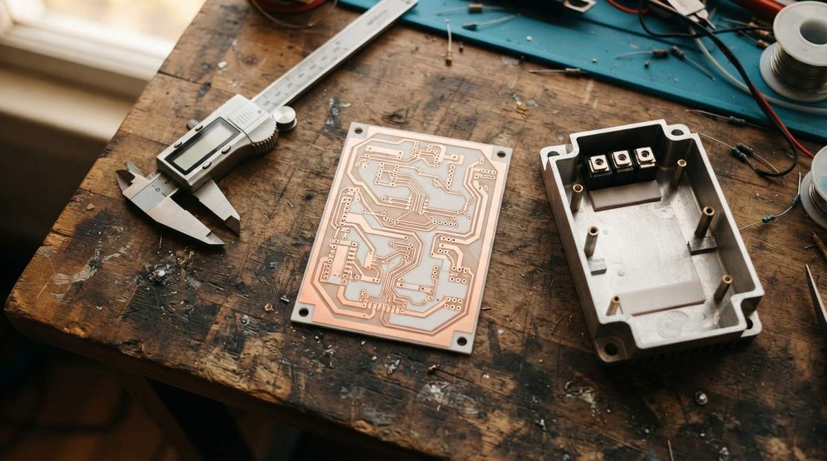 DBC copper-bonded ceramic PCB beside calipers on an engineering workbench