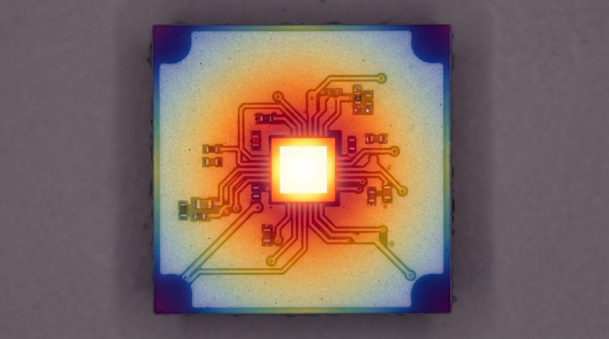 Infrared thermal image showing heat spreading across a ceramic PCB substrate
