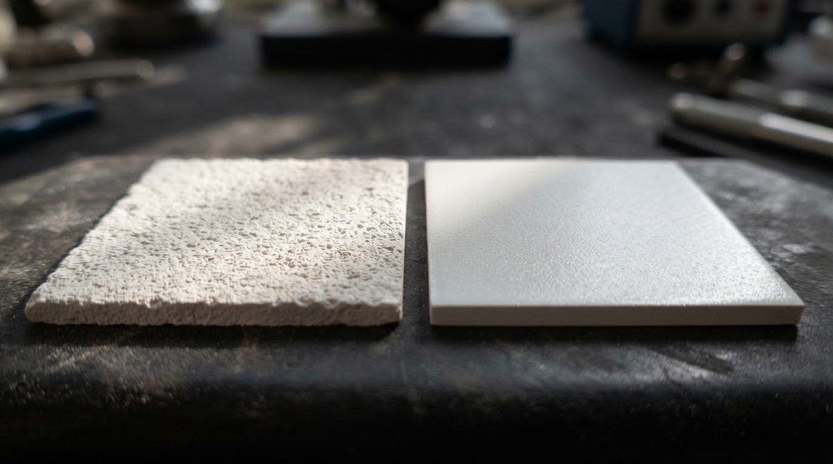 Surface texture comparison between 96% and 99.6% alumina substrates under raking light