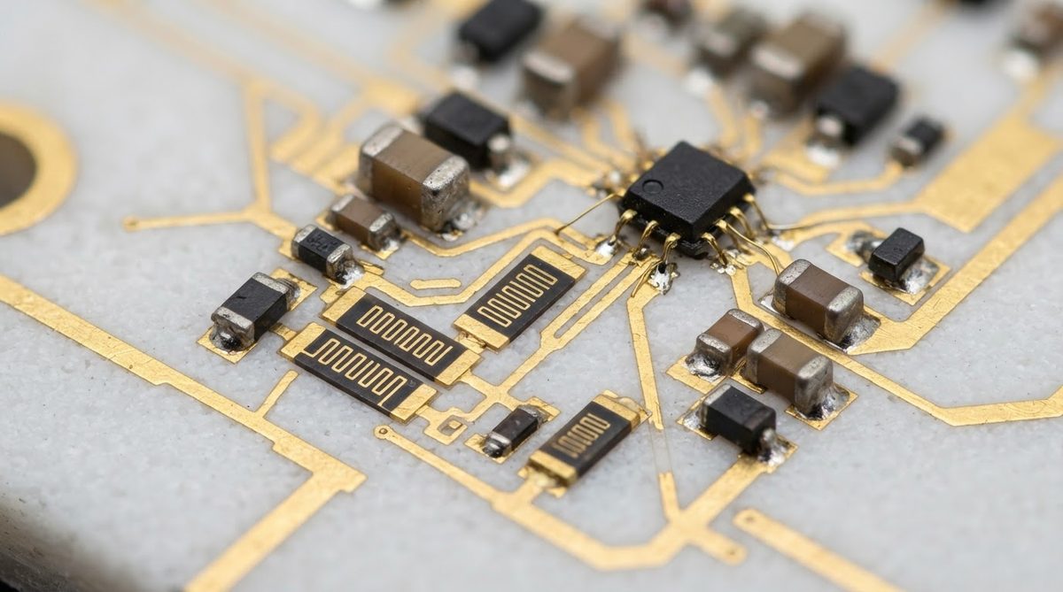 Thin-film hybrid circuit with gold traces on a high-purity alumina substrate