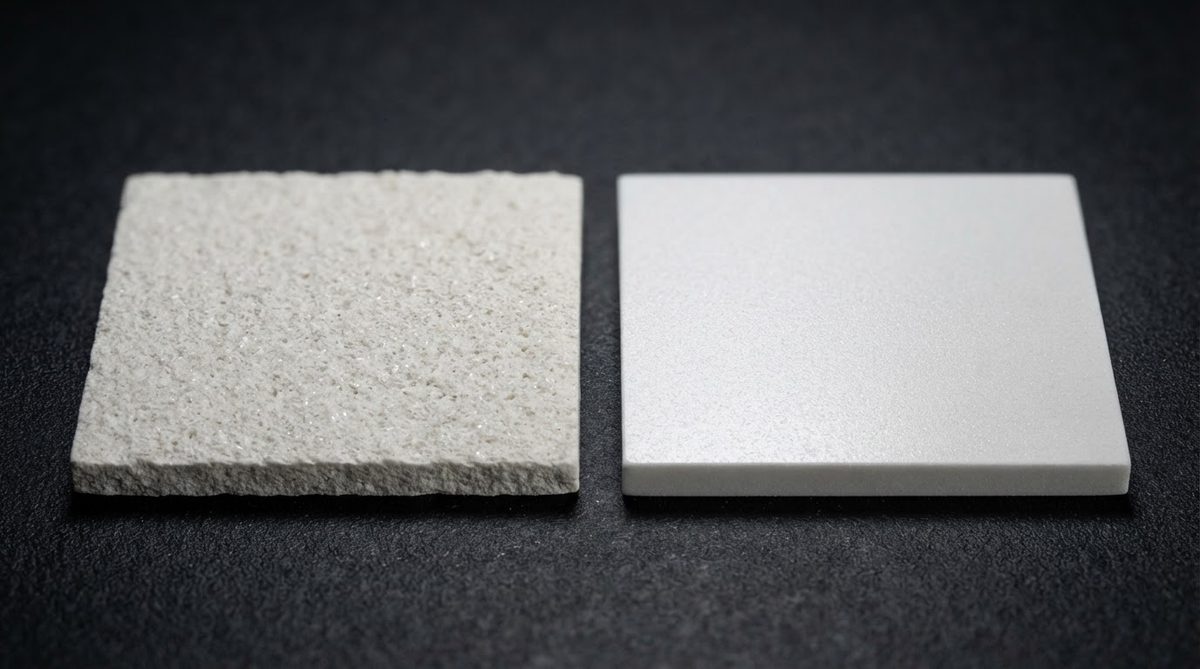 Visual comparison of 96% and 99.6% alumina substrate surface texture
