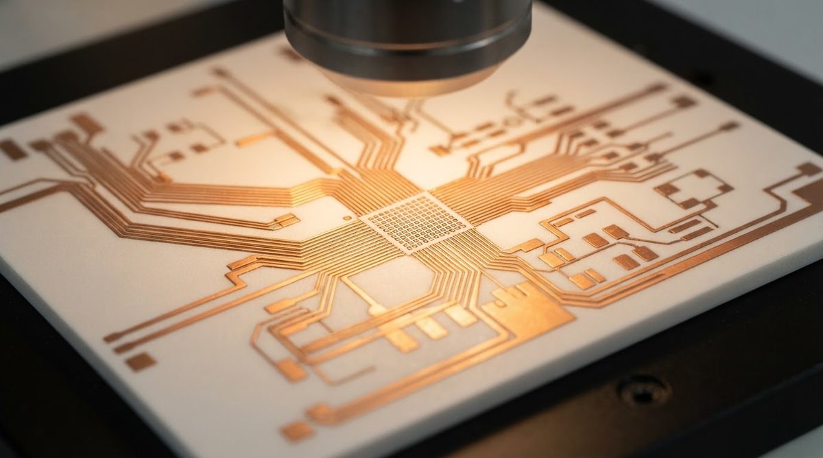 Metallized AlN substrate with fine copper traces viewed under a microscope