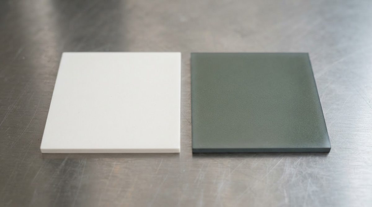 Alumina and aluminum nitride substrates side by side for visual comparison