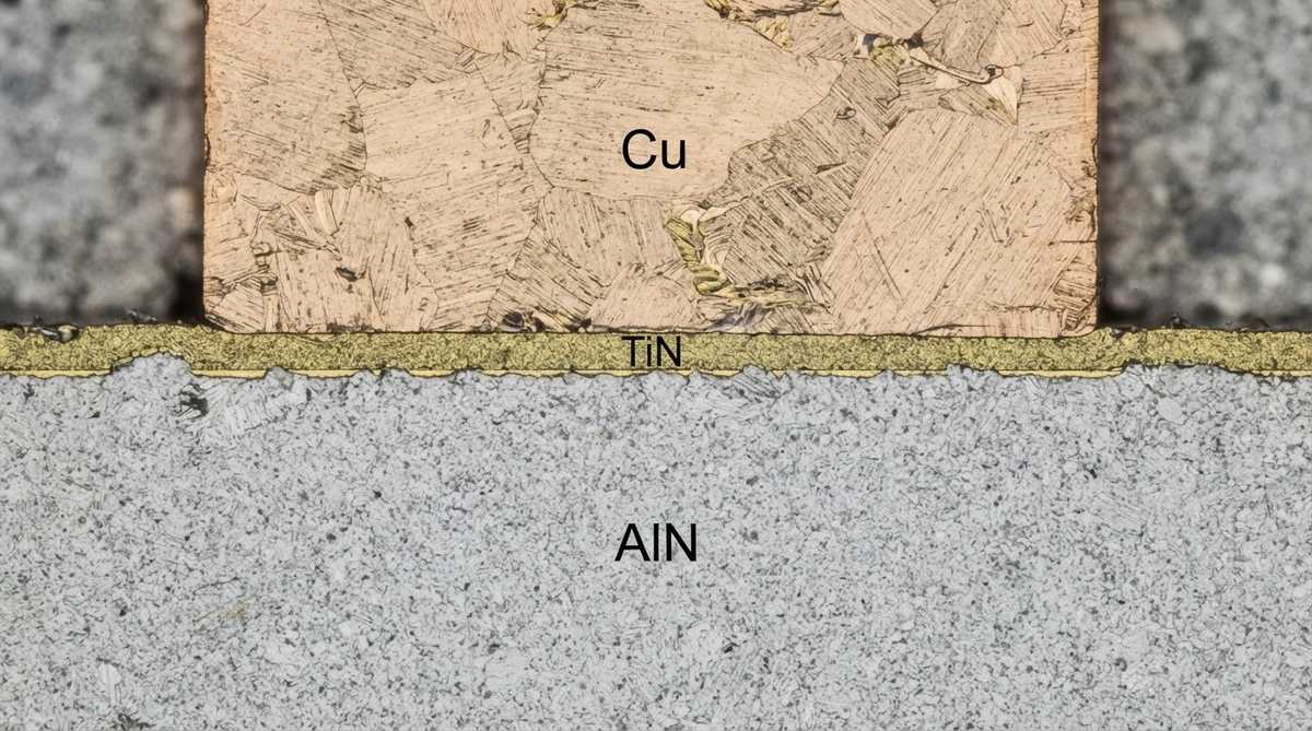 Cross-section micrograph showing the TiN reaction layer at an AlN AMB bond interface
