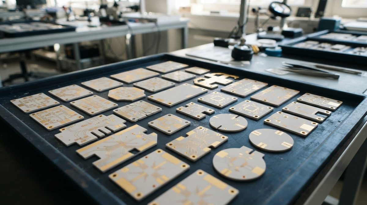 Assorted custom AlN ceramic PCBs on an inspection tray showing different sizes and patterns