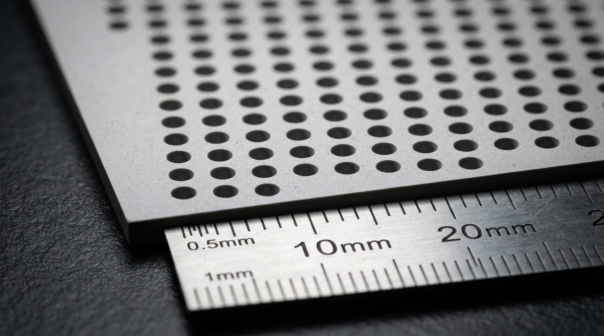 Laser-drilled micro-vias in an aluminum nitride ceramic wafer with scale reference