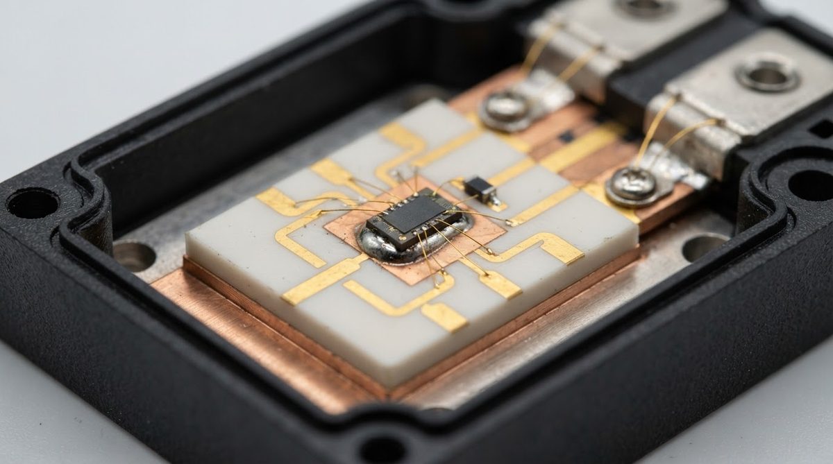 GaN die mounted on a metallized AlN substrate inside a power module