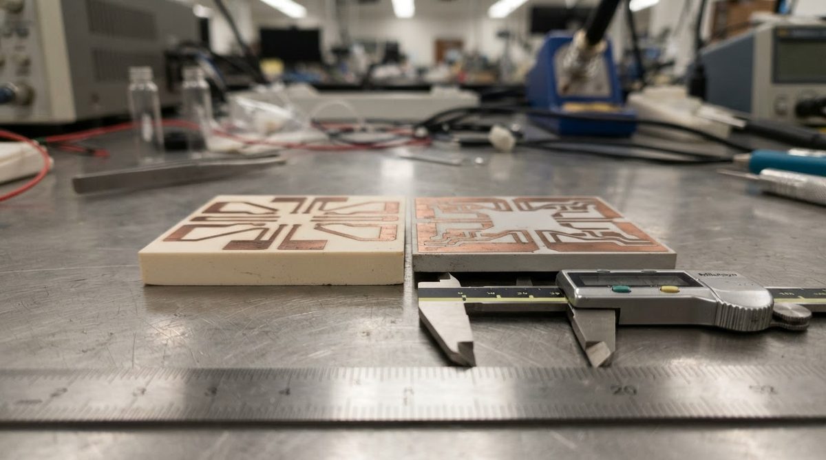 Alumina and aluminum nitride DBC substrates compared side by side on a lab bench