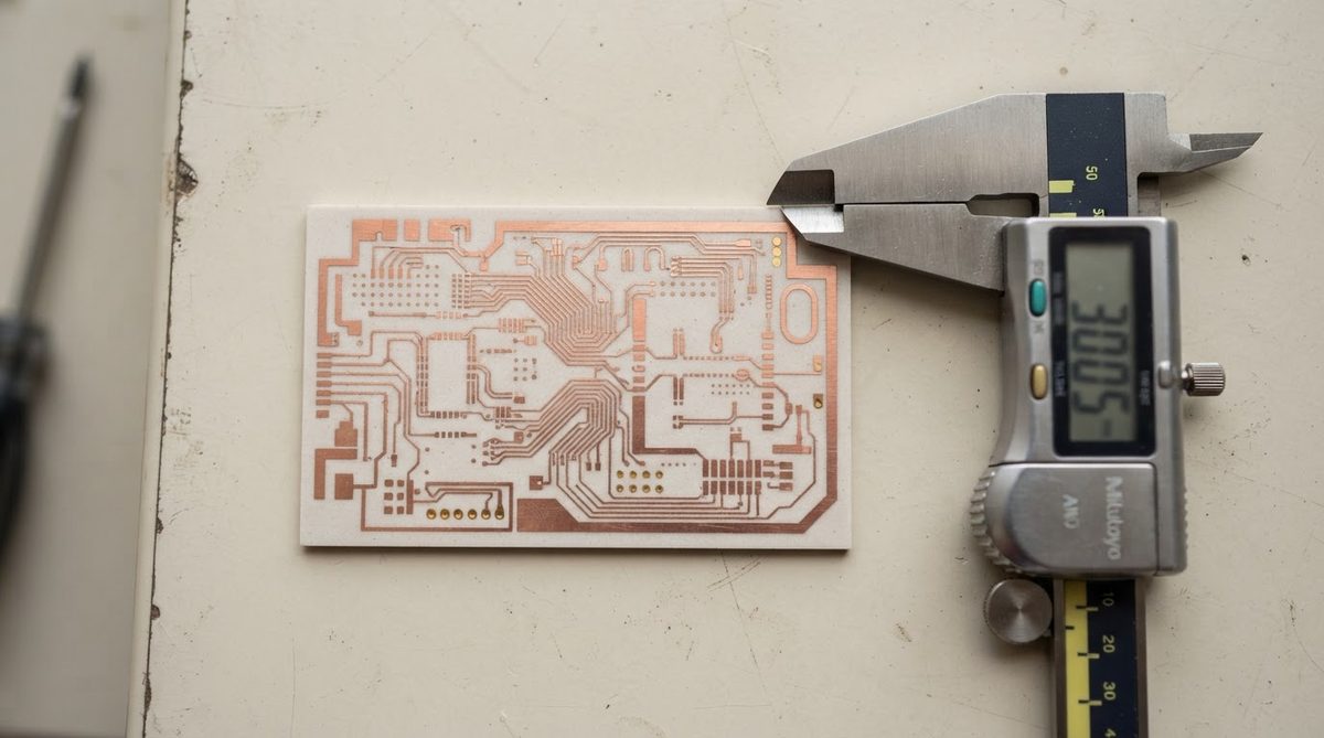 AlN substrate test coupon with copper microstrip traces and caliper
