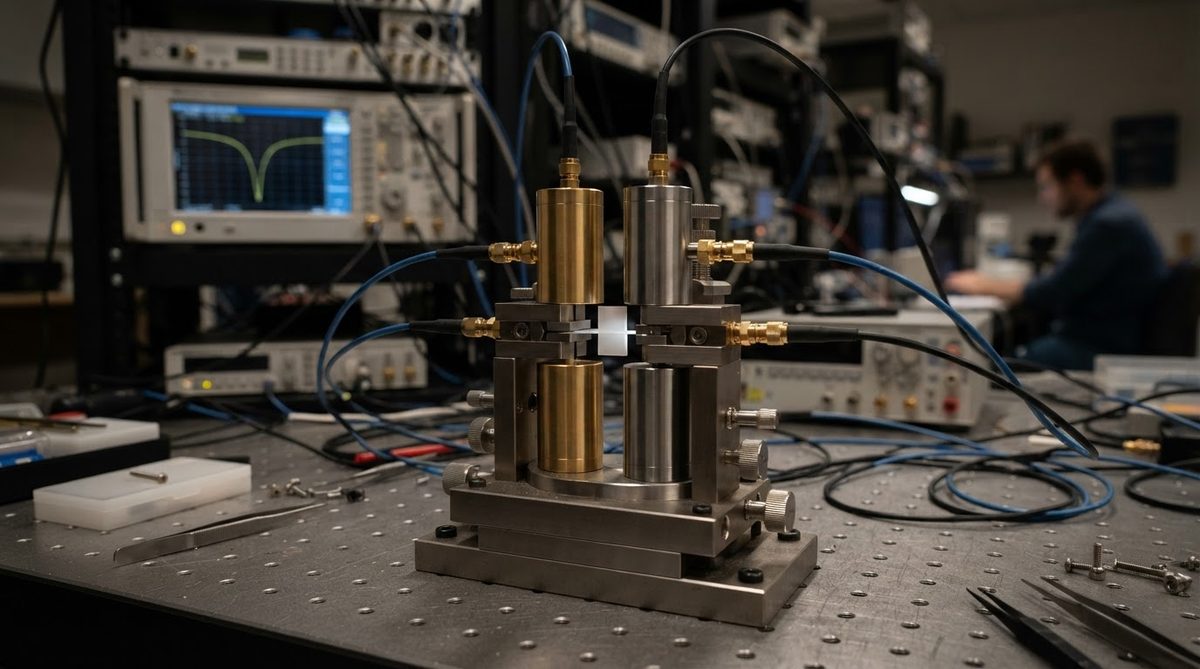 Split-post dielectric resonator measuring permittivity of a ceramic sample