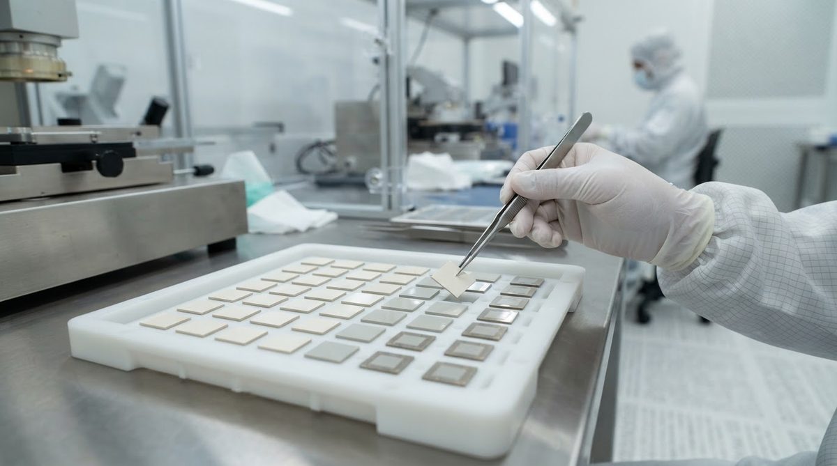 Ceramic DPC substrates being handled with vacuum tweezers in a cleanroom