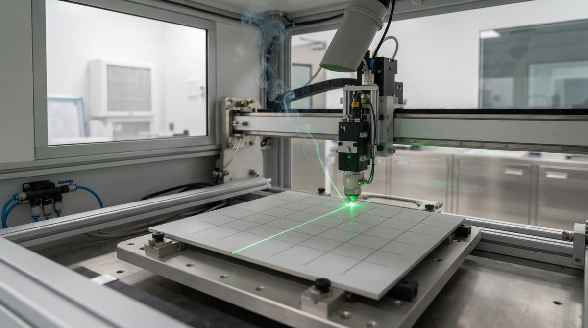 Laser scribing snap lines into an aluminum nitride ceramic panel