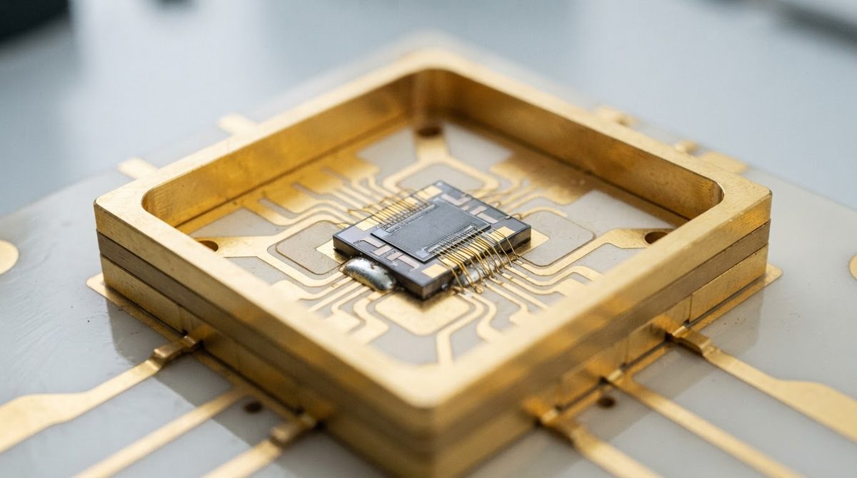 GaN transistor mounted on a metallized AlN substrate inside an RF power package