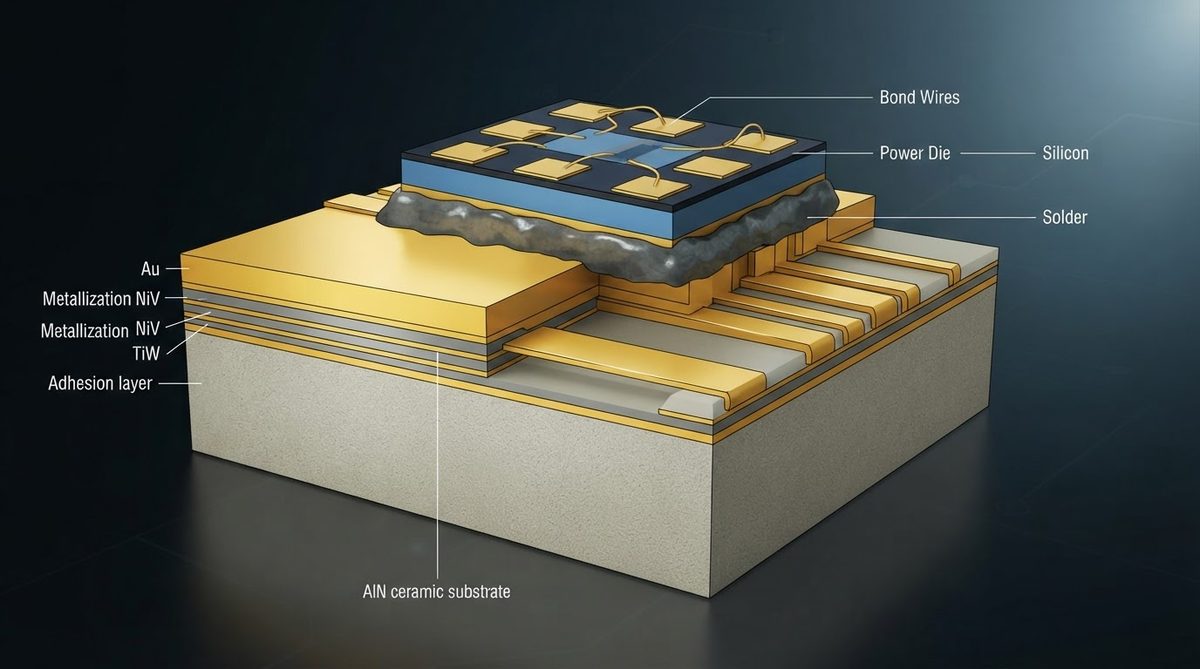 Cross-section diagram of a metallized AlN PCB assembly with labeled layers