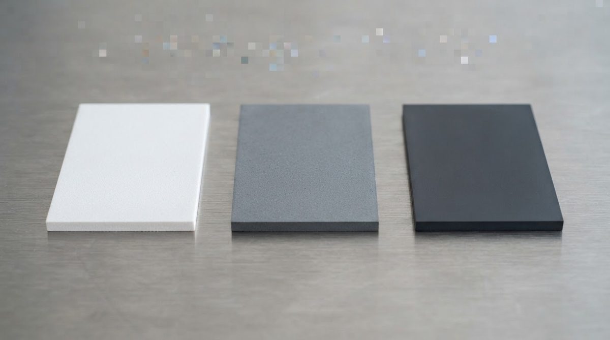 Three ceramic substrates compared side by side: alumina, AlN, and silicon nitride