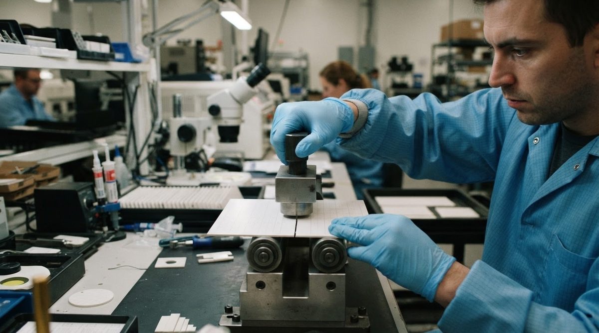 Technician snapping a laser-scribed AlN substrate along the groove line