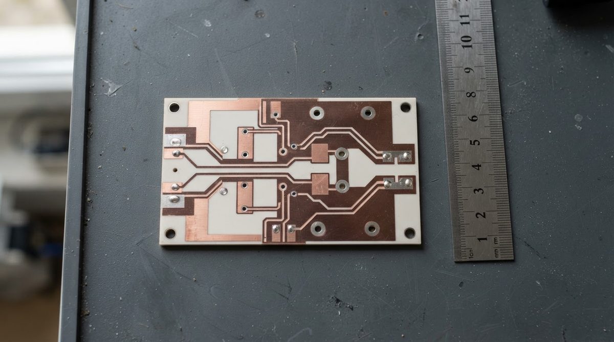 AlN DBC substrate with copper traces and solder pads next to a ruler