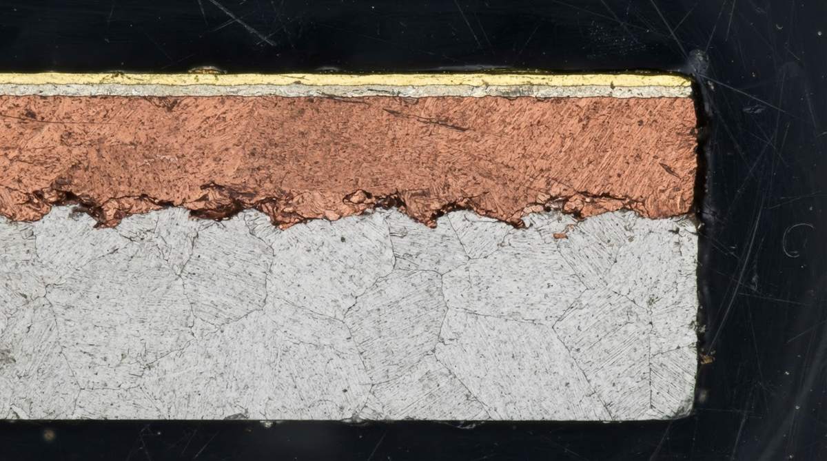 Cross-section micrograph of AlN substrate with DBC copper and Ni/Au finish