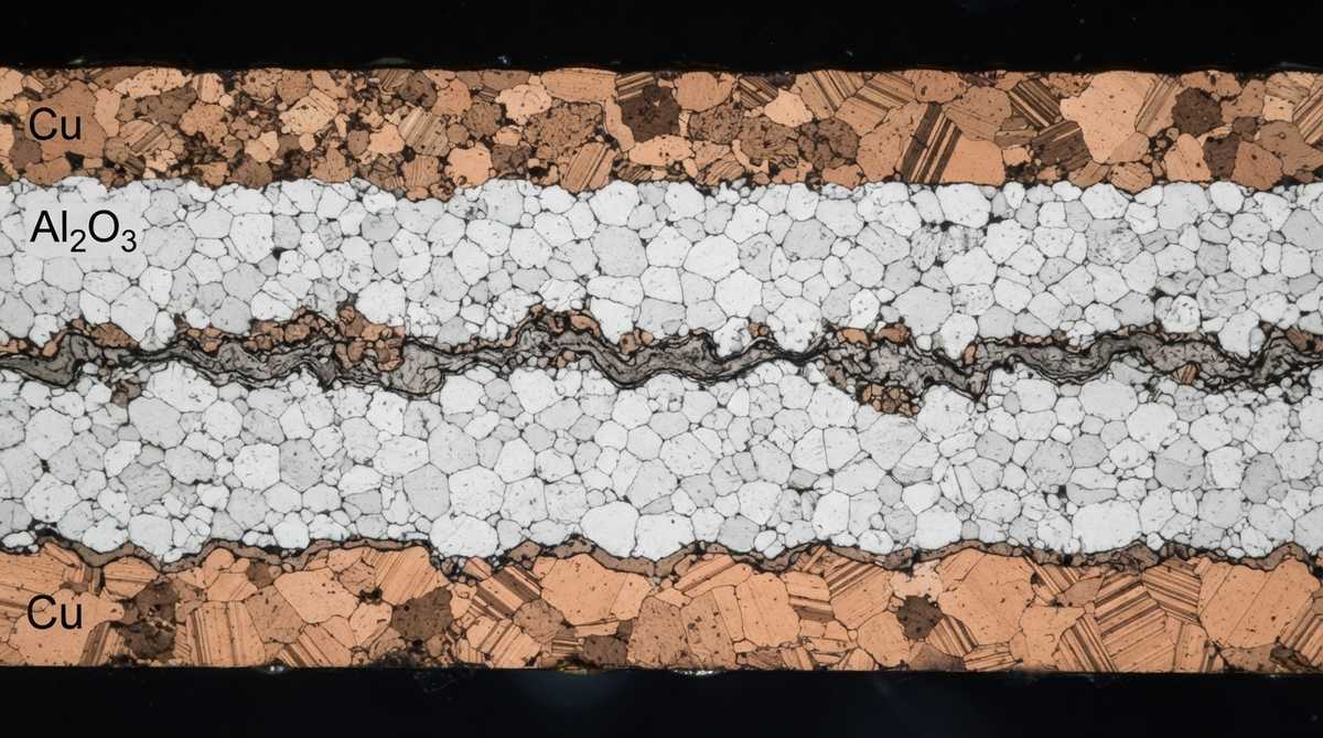 Cross-section of a DBC module showing the copper-to-AlN ceramic bond interface