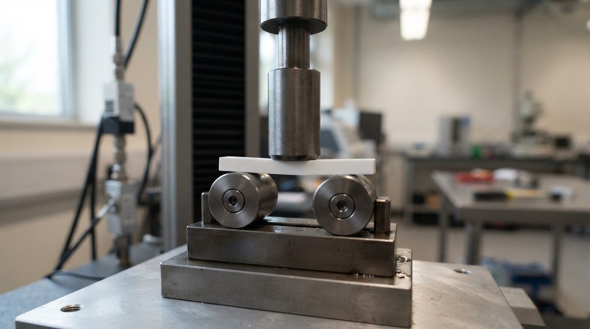 Three-point bend test fixture with a ceramic test bar ready for flexural strength measurement