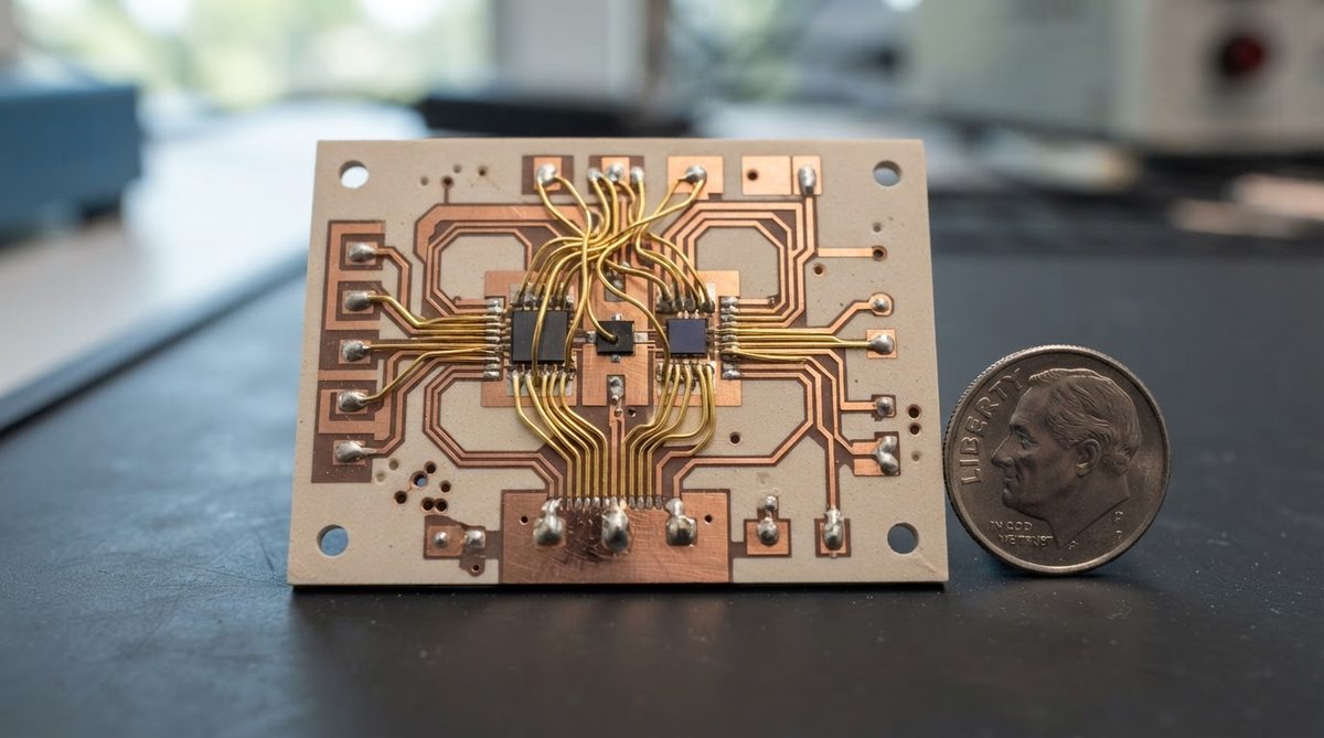 Finished AlN power module substrate with wire bonds, shown next to a coin for scale