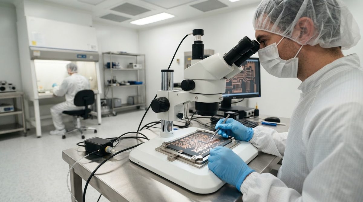 DBC AlN substrate panel under microscope inspection in a cleanroom