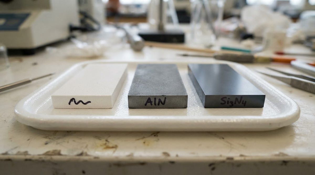 Three ceramic substrates compared side by side: alumina, aluminum nitride, and silicon nitride