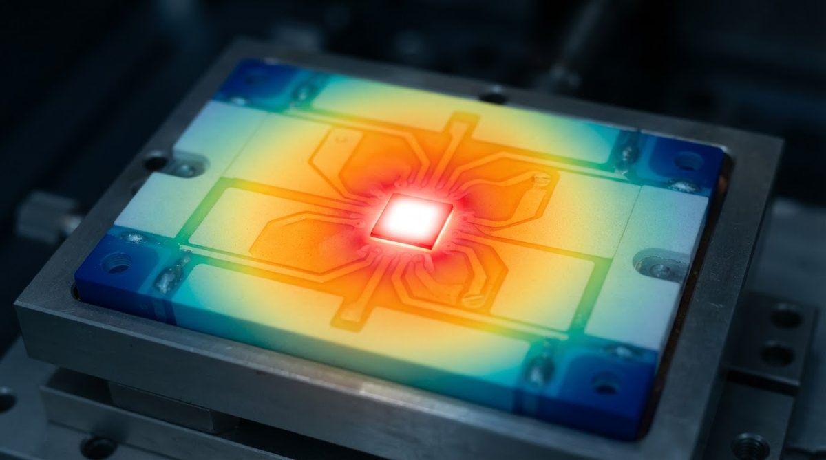 Infrared thermal image showing heat spreading through a ceramic power-module substrate