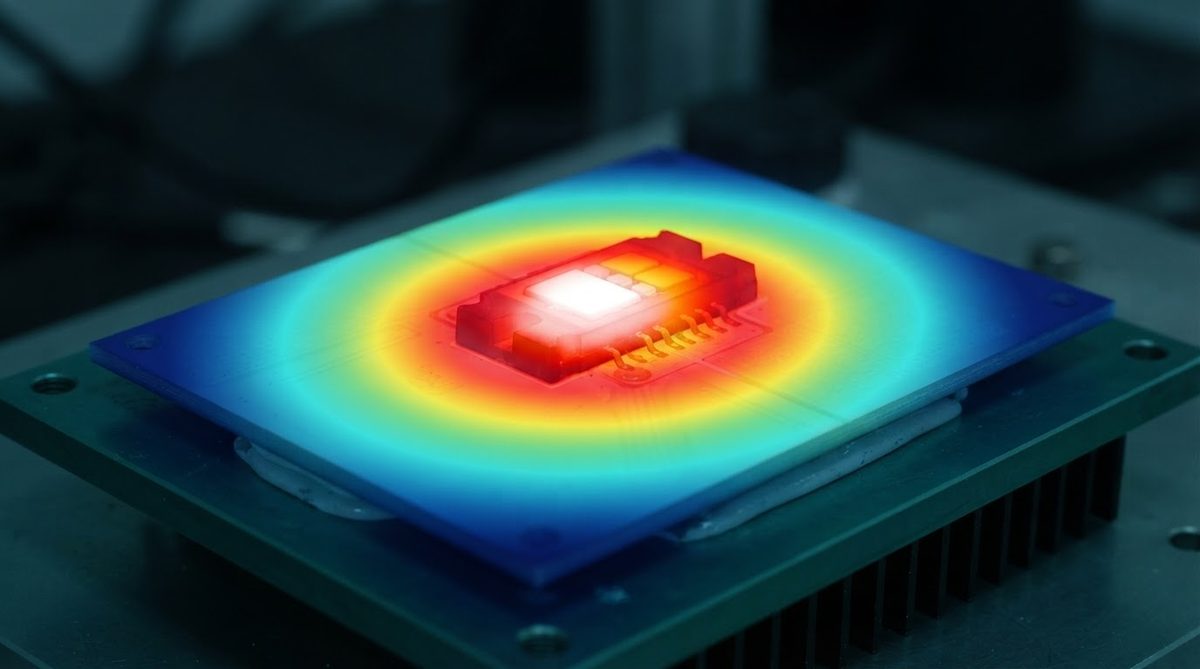 Infrared thermal image showing heat spreading across a ceramic power module substrate