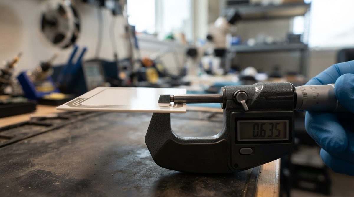 Digital micrometer measuring the thickness of a polished AlN ceramic substrate