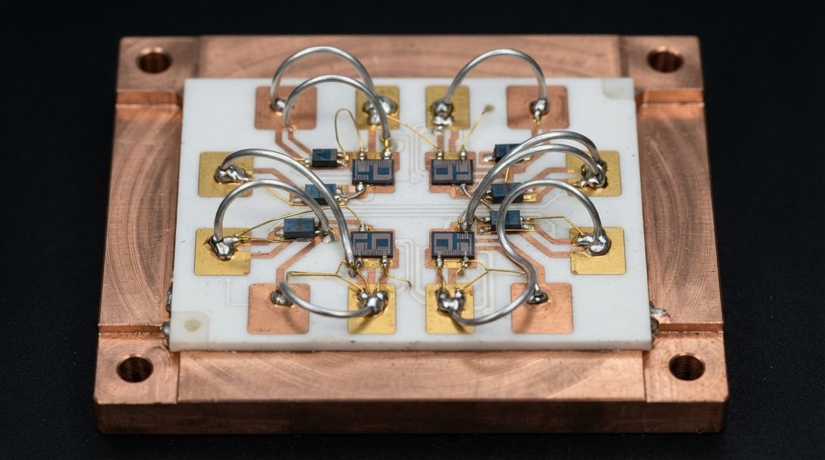 Power module assembly showing an AlN substrate with wire-bonded semiconductor die