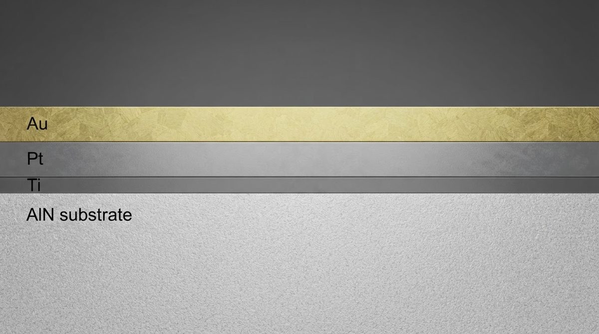 Cross-section of Ti/Pt/Au thin film metallization on aluminum nitride