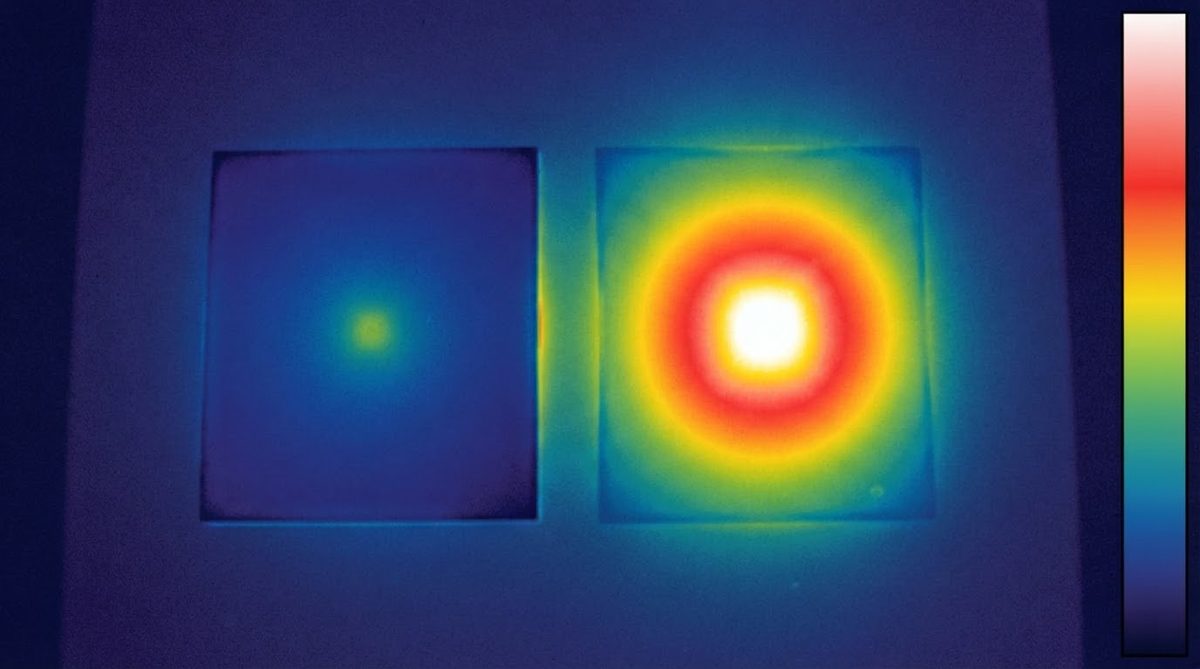 Thermal camera view comparing heat spread on AlN and FR-4 substrates