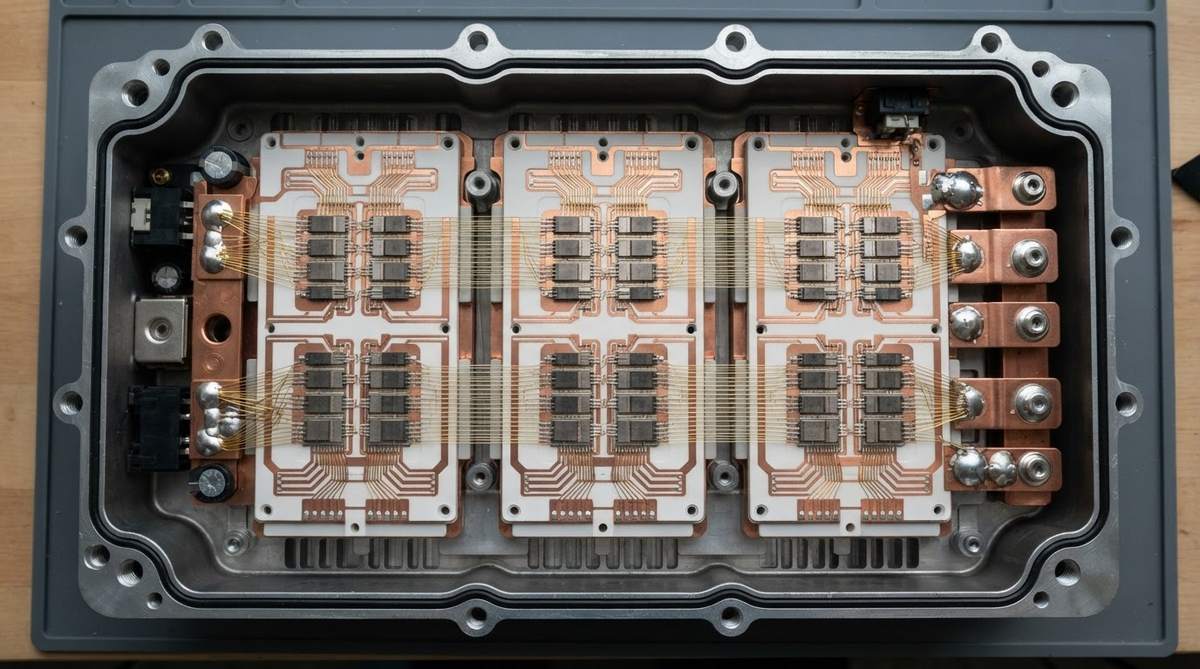 Open automotive power module revealing ceramic substrates and wire-bonded dies