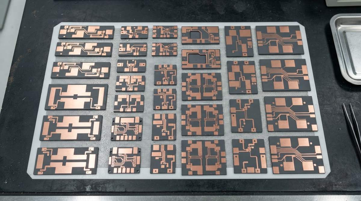 Finished AMB substrates with etched copper traces on ceramic