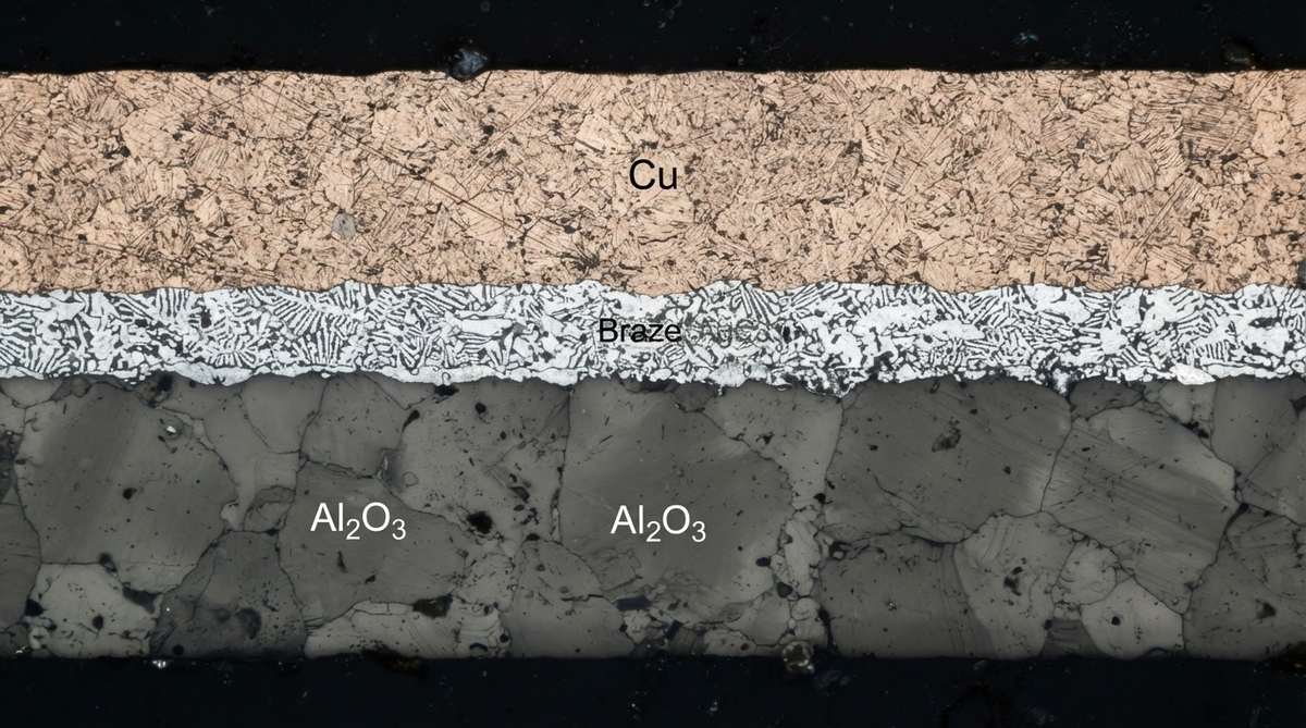 Cross-section of an AMB bond showing copper, braze, and ceramic layers