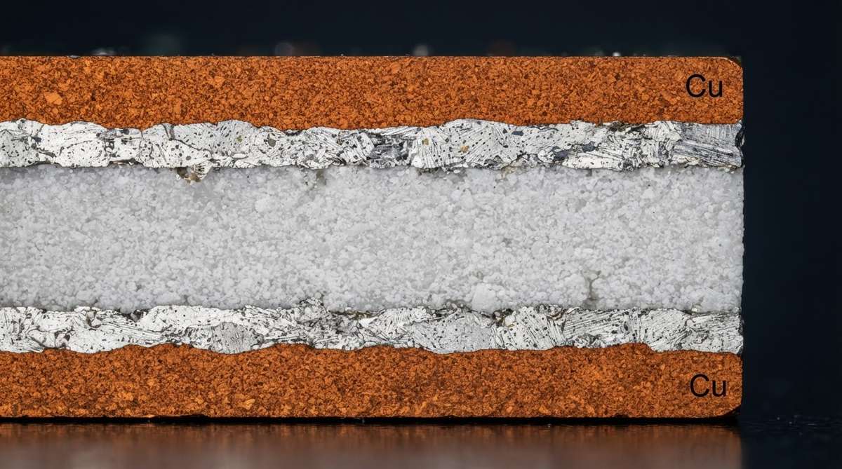 Cross-section of an AMB substrate showing copper, braze, and ceramic layers