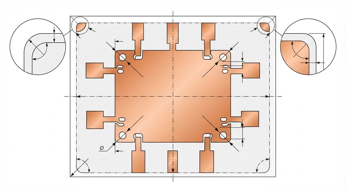 AMB layout diagram showing edge clearance, corner radius, and dimple placement